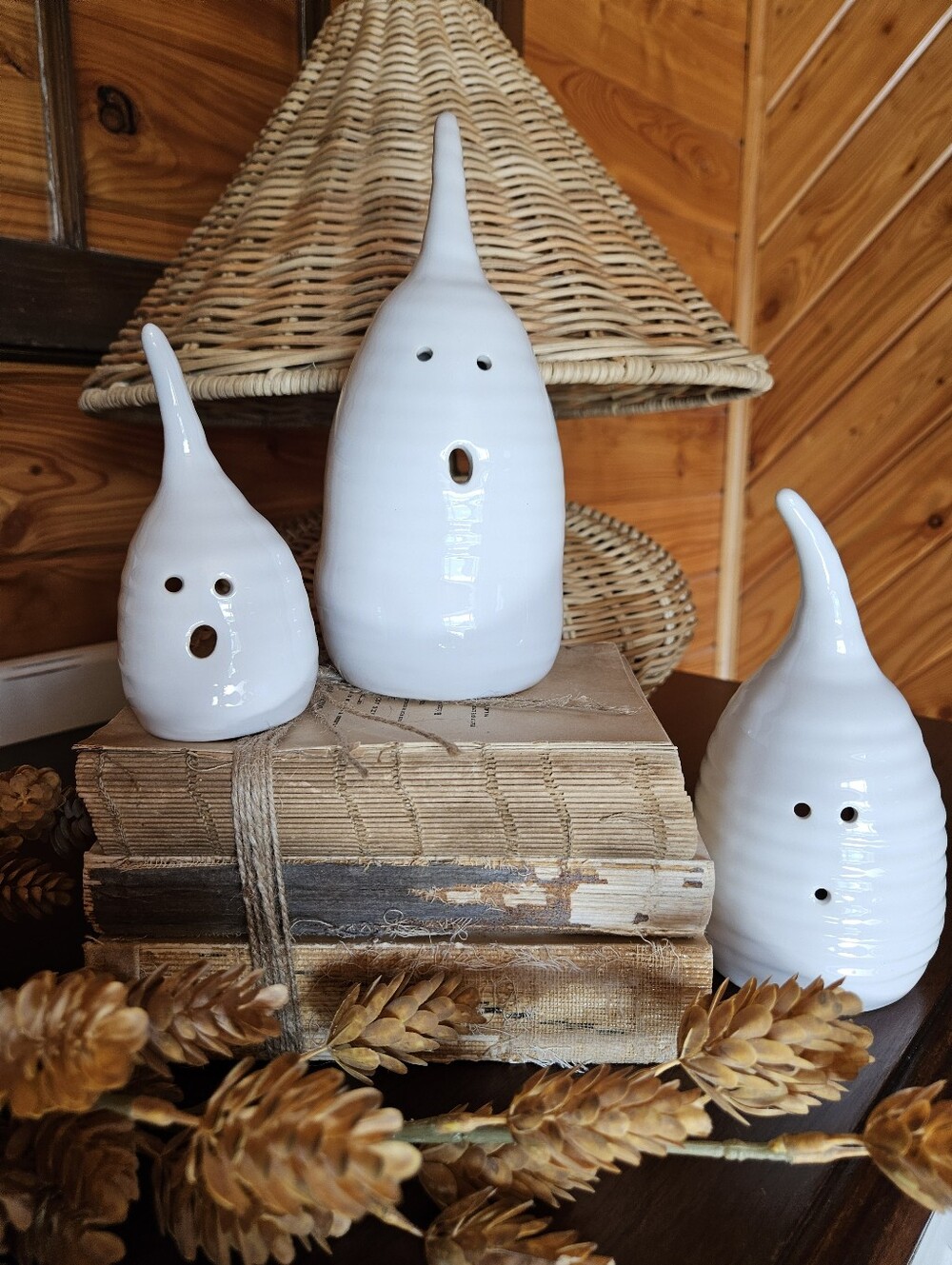 Mollie Jenkins White Ceramic Ghost Figurine Set Of 3 - Picture 2 of 6